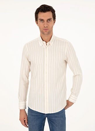 Cacharel Slim Fit Düğmeli Yaka Çizgili Bej Erkek Gömlek ABUJA
