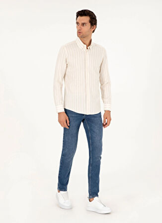 Cacharel Slim Fit Düğmeli Yaka Çizgili Bej Erkek Gömlek ABUJA