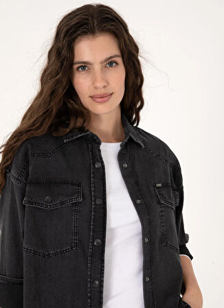 U.S. Polo Assn. Oversized Gömlek Yaka Siyah Kadın Denim Gömlek ESPERA