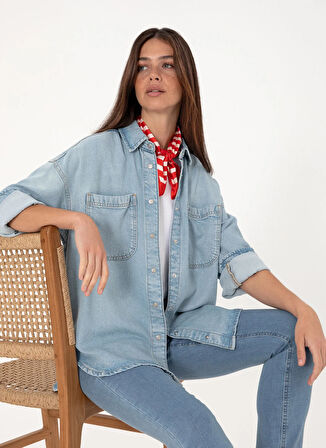 U.S. Polo Assn. Oversized Gömlek Yaka Açık İndigo Kadın Denim Gömlek SOFIA