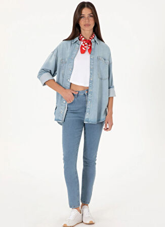U.S. Polo Assn. Oversized Gömlek Yaka Açık İndigo Kadın Denim Gömlek SOFIA
