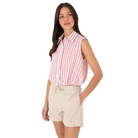 Kadın Pembe Çizgili Kısa Kollu Gömlek