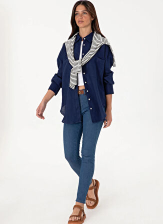 U.S. Polo Assn. Oversized Gömlek Yaka Lacivert Kadın Gömlek EX-LINOSA025Y