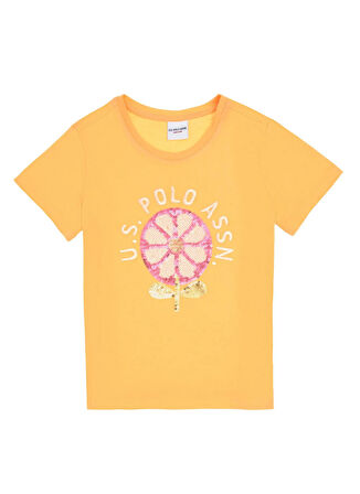 U.S. Polo Assn. Baskılı Açık Turuncu Kız Çocuk T-Shirt VURLA