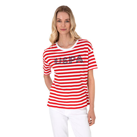 Kadın Kırmızı Çizgili Bisiklet Yaka Tişört