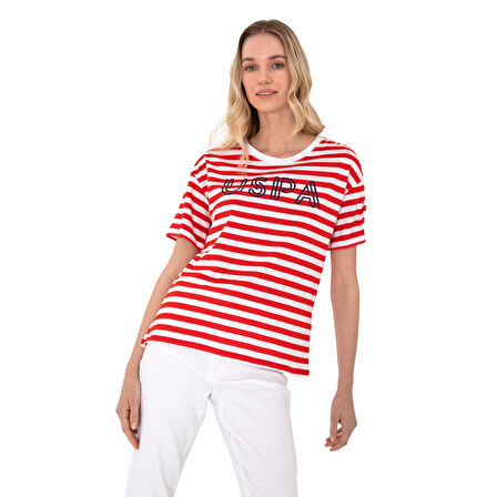 Kadın Kırmızı Çizgili Bisiklet Yaka Tişört