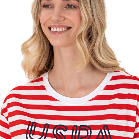 Kadın Kırmızı Çizgili Bisiklet Yaka Tişört