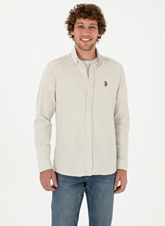 U.S. Polo Assn. Slim Fit Düğmeli Yaka Ekru Erkek Gömlek TUBAK