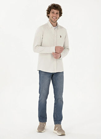 U.S. Polo Assn. Slim Fit Düğmeli Yaka Ekru Erkek Gömlek TUBAK