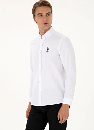 U.S. Polo Assn. Slim Fit Düğmeli Yaka Beyaz Erkek Gömlek NOVA