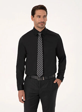 Cacharel Siyah Erkek İtalyan Slim Fit Çizgili Gömlek NONAX