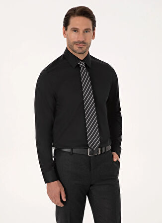 Cacharel Siyah Erkek İtalyan Slim Fit Çizgili Gömlek NONAX