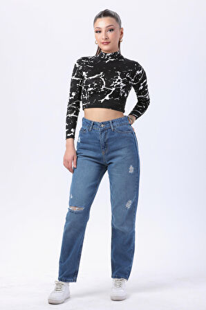 Düz Orta Kadın Mavi Mom Jeans Kot Pantolon - 23809