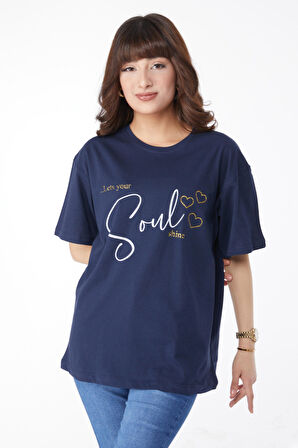 Düz Bisiklet Yaka Kadın Lacivert Baskılı T-shirt - 25167