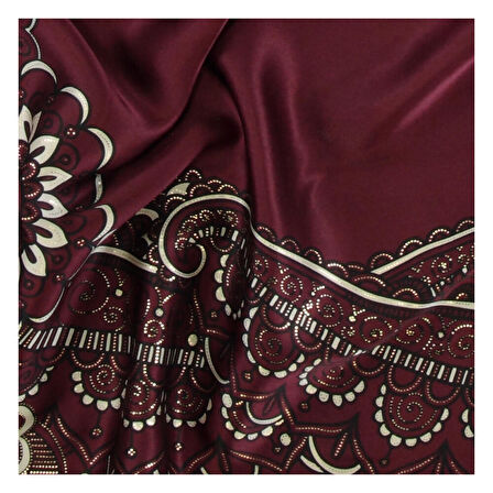 ÇİÇEK DESENLİ VARAKLI BORDO SATEN İPEK EŞARP
