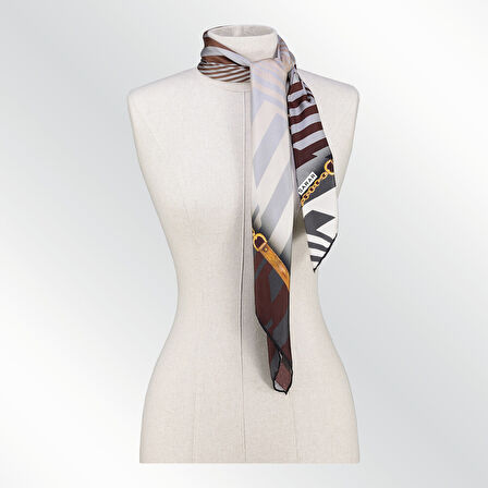GEOMETRİK DESEN TWILL KAHVERENGİ İPEK EŞARP
