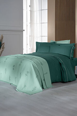 Sarev Eva Eldon Yeşil Çift Kişilik %100 Pamuk Nevresim Takımı ve Pike Seti