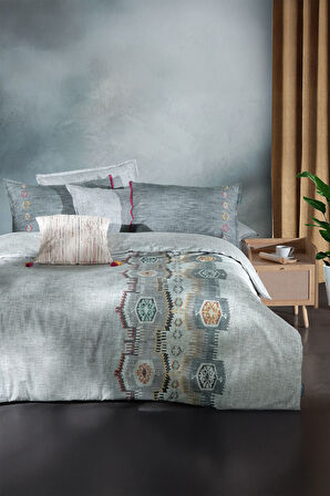 Sarev Zeno Gri Çift Kişilik %100 Pamuk Fancy Nevresim Takımı