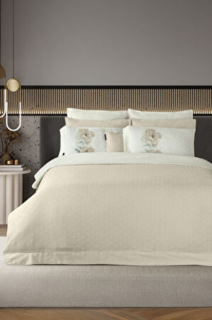 Sarev Lorent Ekru Jakarlı %100 Pamuk Saten Çift Kişilik Nevresim Takımı