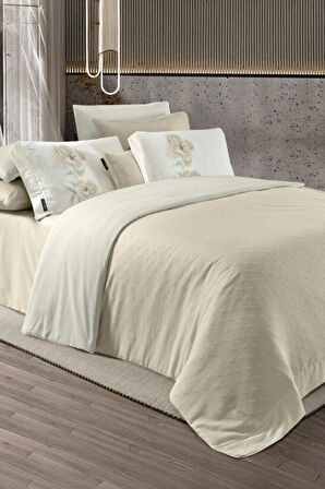 Sarev Lorent Ekru Jakarlı %100 Pamuk Saten Çift Kişilik Nevresim Takımı