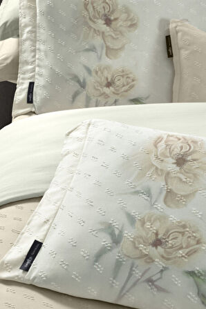 Sarev Lorent Ekru Jakarlı %100 Pamuk Saten Çift Kişilik Nevresim Takımı