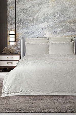 Sarev Borendo Krem Jakarlı %100 Pamuk Saten Çift Kişilik Nevresim Takımı