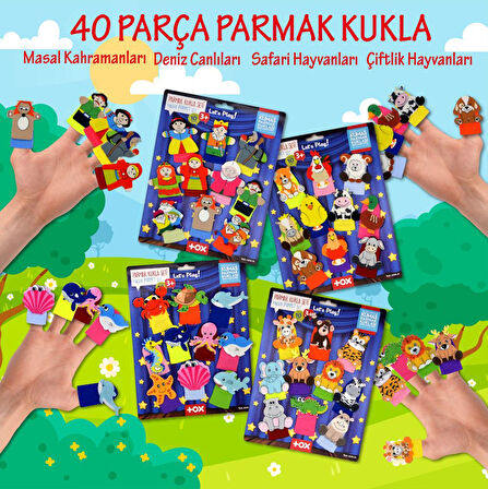 4 Set - 40 Parça, Masal Kahramanları, Deniz Canlıları , Safari ve Çiftlik Hayvanlar Parmak Kukla T220 T221 T225 T223
