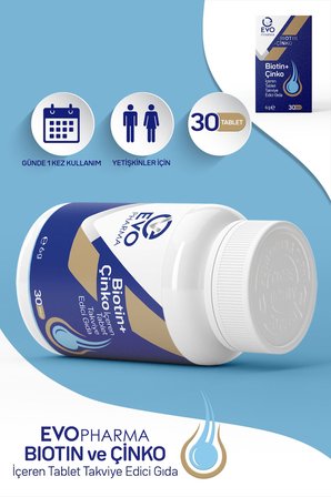 EVOPHARMA BİOTİN + ÇİNKO TABLET, BİOTİN VE ÇİNKO İÇEREN TAKVİYE EDİCİ GIDA 30 tablet