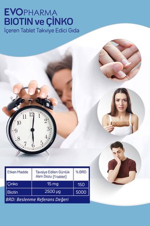 EVOPHARMA BİOTİN + ÇİNKO TABLET, BİOTİN VE ÇİNKO İÇEREN TAKVİYE EDİCİ GIDA 30 tablet