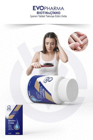 EVOPHARMA BİOTİN + ÇİNKO TABLET, BİOTİN VE ÇİNKO İÇEREN TAKVİYE EDİCİ GIDA 30 tablet