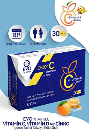 EVOPHARMA Ester C Vitamin D Vitamin C Ve Çinko Içeren Takviye Edici Gıda 30 Tablet