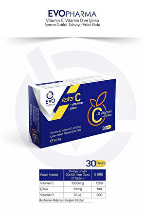 EVOPHARMA Ester C Vitamin D Vitamin C Ve Çinko Içeren Takviye Edici Gıda 30 Tablet