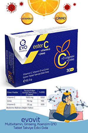 EVOPHARMA Ester C Vitamin D Vitamin C Ve Çinko Içeren Takviye Edici Gıda 30 Tablet