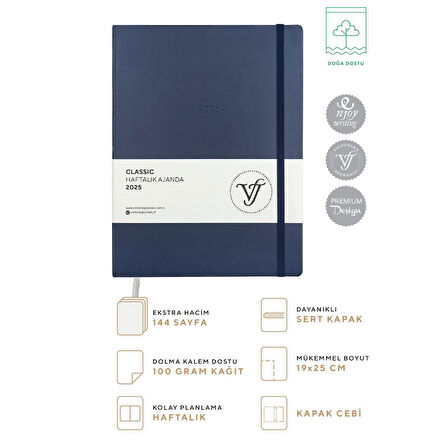 Victoria's Journals Classic 2025 Haftalık Ajanda A4 19x25 cm Sert Kapak Lacivert 124-1402