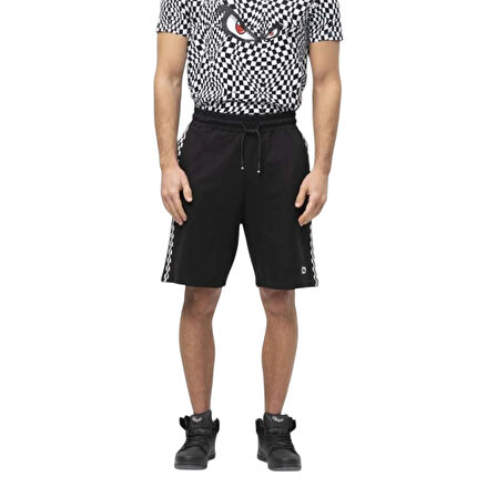 Siyah Dama Desen Şeritli Erkek Beli Lastikli Şort