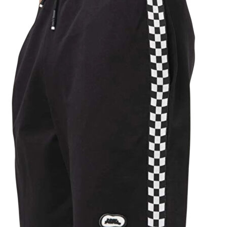 Siyah Dama Desen Şeritli Erkek Beli Lastikli Şort