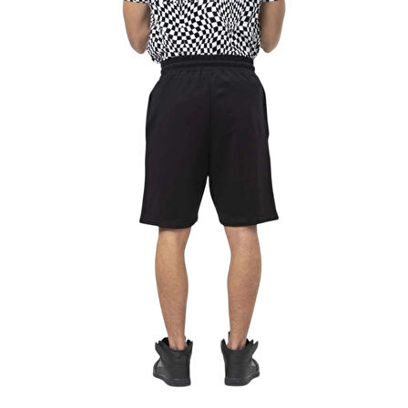 Siyah Dama Desen Şeritli Erkek Beli Lastikli Şort