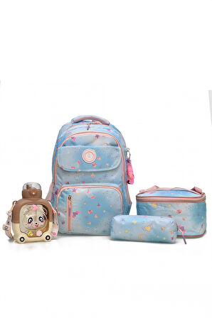 Elatae 4'lü İlkokul Çantası Seti Okul Çantası & Termal Beslenme Çantası & Kalemlik & Suluk Mavi-Pembe 1390