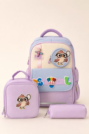 CCS Kids Kız Çocuk İlkokul Okul Çantası 3'lü Set Beslenme Çantası Kalemlik Ortopedik Çok Gözlü Lila