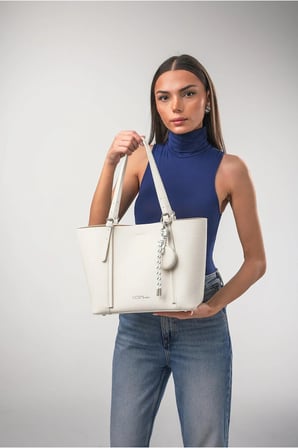 ÇÇS Kadın Shopper Omuz Çantası Ayna Charm Detaylı Büyük Boy Geniş Hacimli Günlük Çanta Beyaz 18353