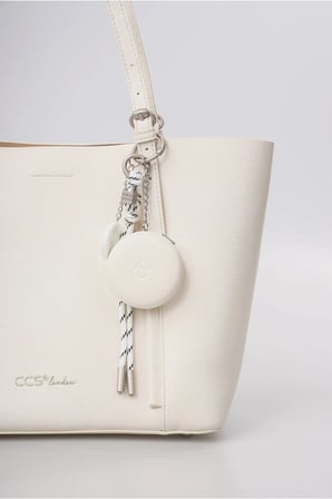ÇÇS Kadın Shopper Omuz Çantası Ayna Charm Detaylı Büyük Boy Geniş Hacimli Günlük Çanta Beyaz 18353