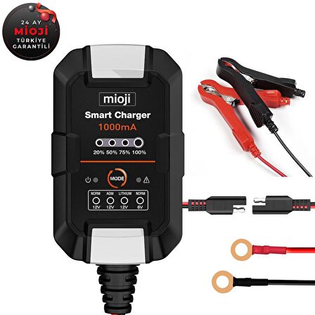 Mioji Mio 1000 1A 6V ve 12V Araba Şarj, Akü Bakım, Damlama Şarj Cihazı ve Motosiklet, ATV, Lityum ve Derin Döngülü Aküler için Kükürt Giderici Akıllı Araç Akü Şarj Cihazı