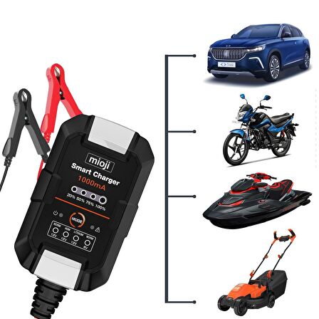 Mioji Mio 1000 1A 6V ve 12V Araba Şarj, Akü Bakım, Damlama Şarj Cihazı ve Motosiklet, ATV, Lityum ve Derin Döngülü Aküler için Kükürt Giderici Akıllı Araç Akü Şarj Cihazı