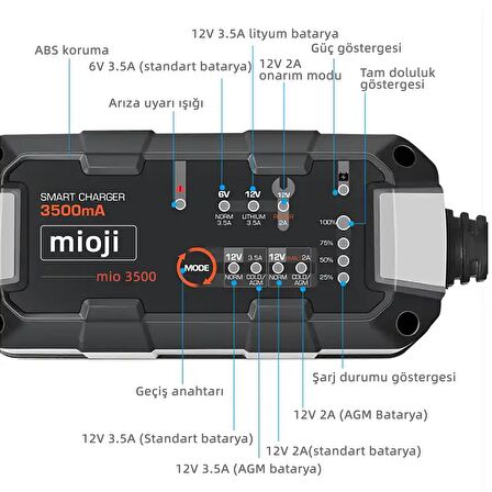 Mioji Mio 3500 3.5A 6V ve 12V Araba Şarj, Akü Bakım, Damlama Şarj Cihazı ve Motosiklet, ATV, Lityum ve Derin Döngülü Aküler için Kükürt Giderici Akıllı Araç Akü Şarj Cihazı