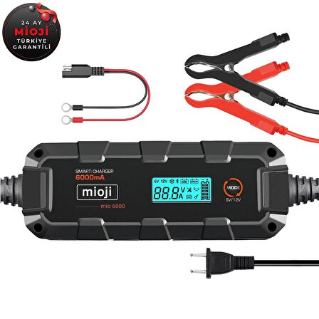 Mioji Mio 6000 6A 6V ve 12V Araba Şarj, Akü Bakım, Damlama Şarj Cihazı ve Motosiklet, ATV, Lityum ve Derin Döngülü Aküler için Kükürt Giderici Akıllı Araç Akü Şarj Cihazı