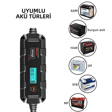 Mioji Mio 6000 6A 6V ve 12V Araba Şarj, Akü Bakım, Damlama Şarj Cihazı ve Motosiklet, ATV, Lityum ve Derin Döngülü Aküler için Kükürt Giderici Akıllı Araç Akü Şarj Cihazı