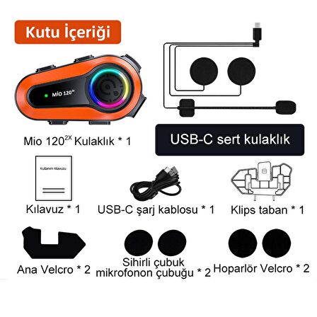 Mioji Mio 120 2x RGB 1000mAh IPX6 Motosiklet Kask Bluetooth 1500m 2 Kişilik Intercom Kulaklık