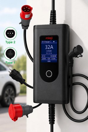 Mioji FC22 3.5/22KW 16/32A 2.4 LCD Ekran Wi-Fi Destekli IP65 Suya Dayanıklı Taşınabilir Elektrikli Araç Şarj Cihazı (Dönüştürücü Fiş Hediyeli)