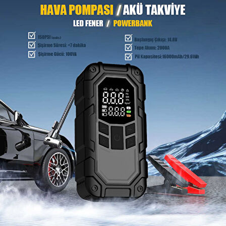 Mioji Mio D8H Plus 4in1 16000mAh Akü Takviye+Hava Pompası+LED Fener+Powerbank