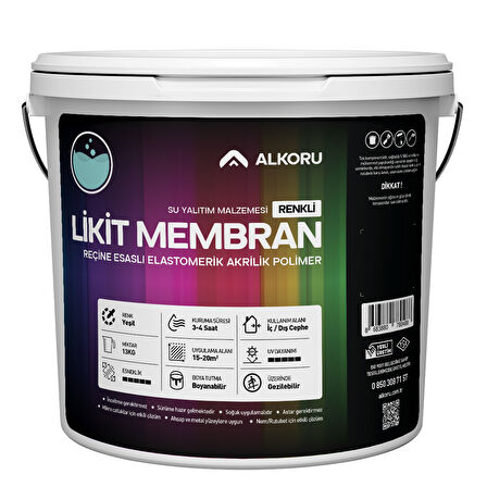 ALKORU 13 KG Yeşil Likit Membran Renkli Reçine Esaslı Sıvı Su Yalıtım Malzemesi